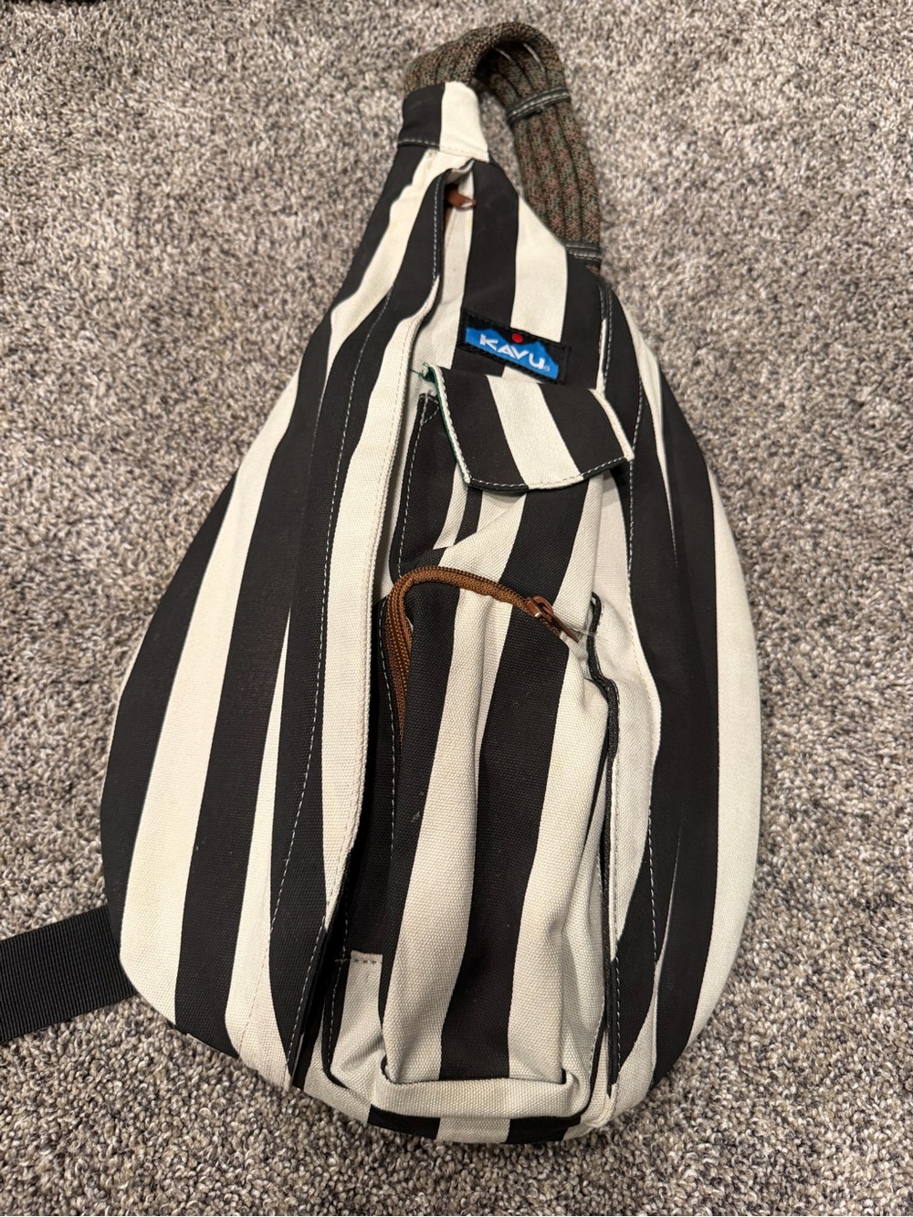 Kavu Black and White Striped Sling Bag canvas